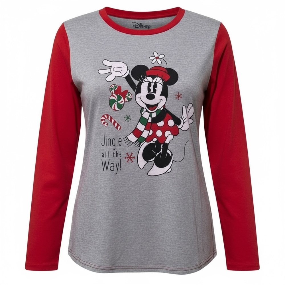 Christmas Disney Minnie Mouse Tee Red and Gray Top lo g sleeve soft Size M